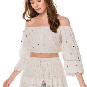 Rococo Sand Embellished Plissé Cropped Top Off White Size XS